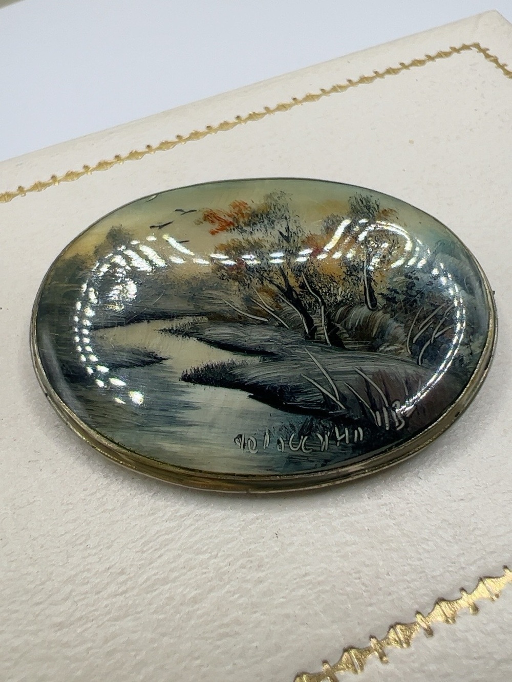 Vintage Russian Fedoskino Hand Painted MOP Landscape Brooch Signed